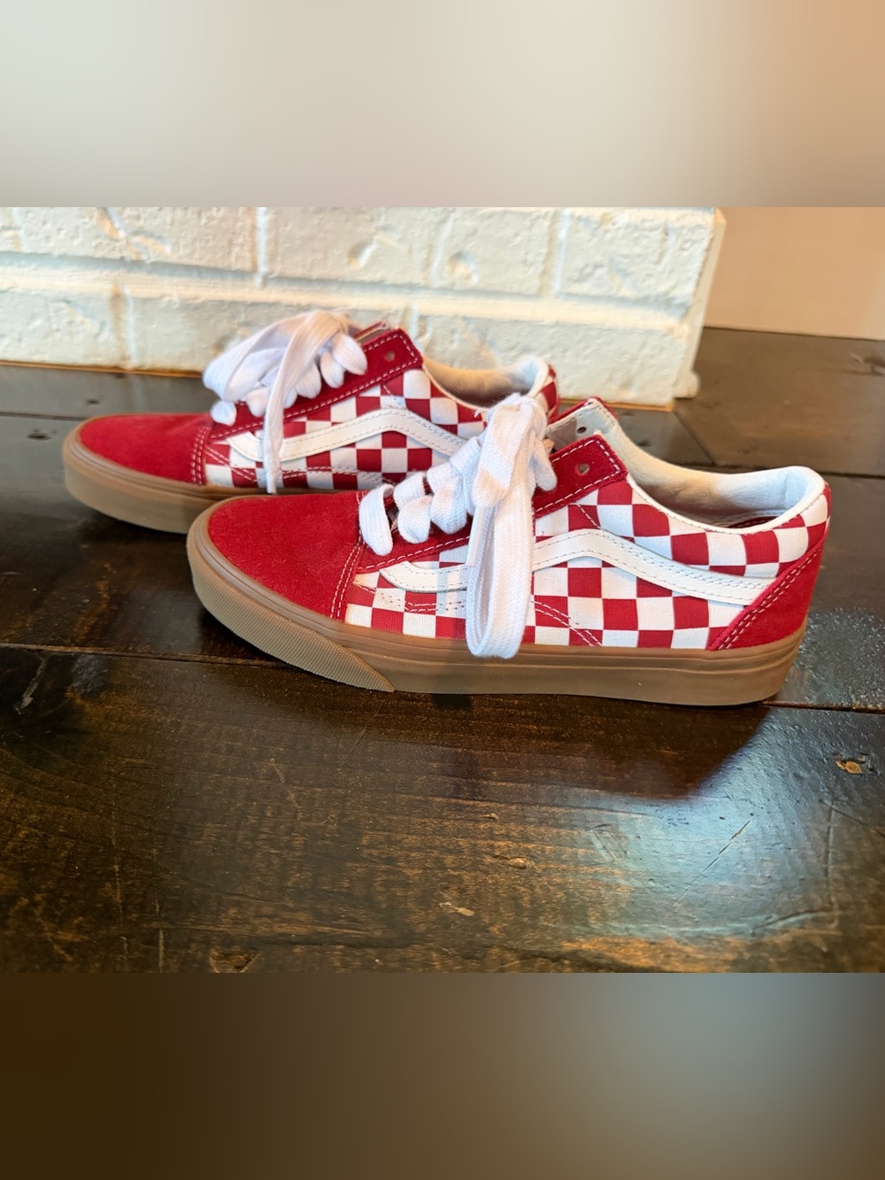 VANS (women) 6.5 Red Checkerboard Lace-Up Sneakers - Picture 3 of 6